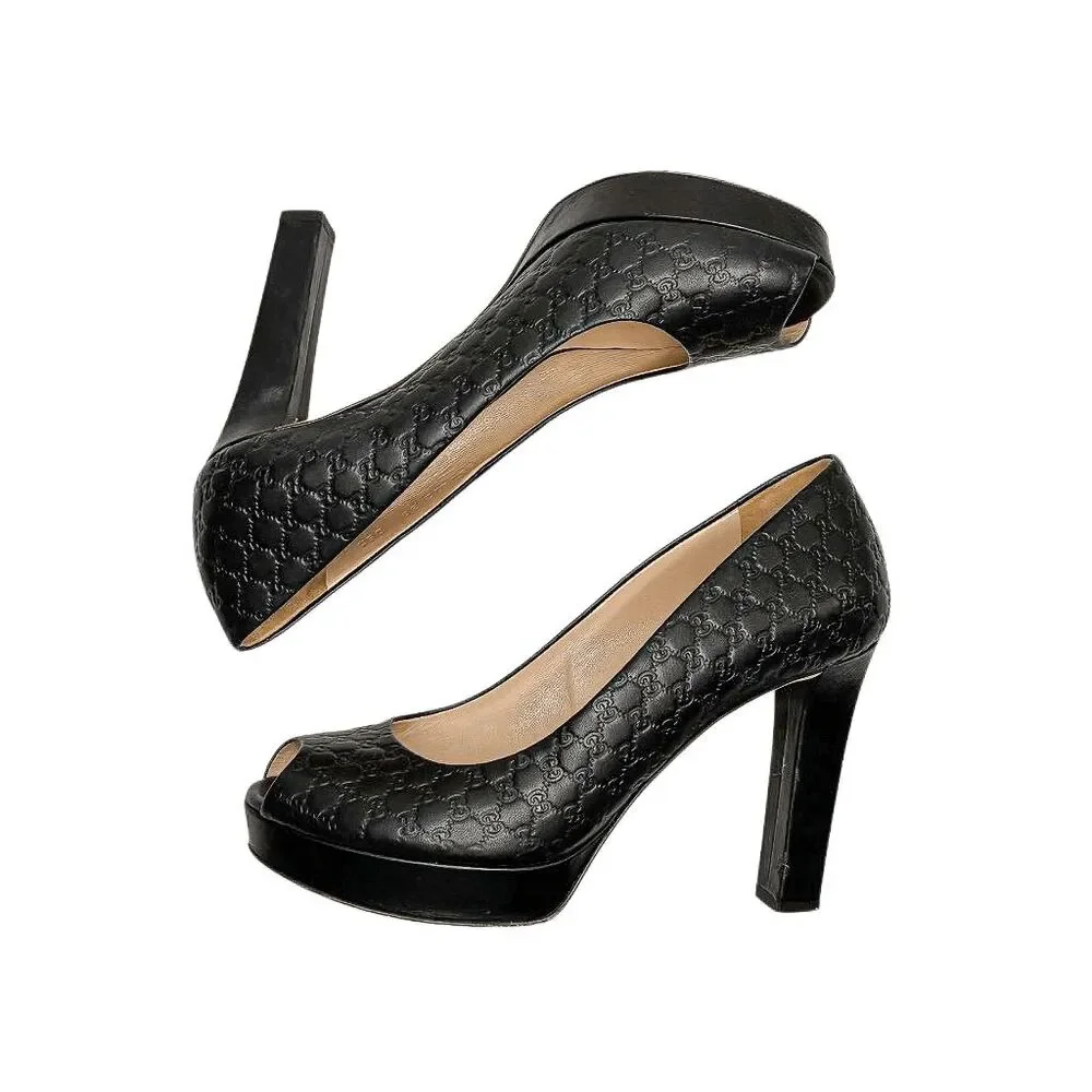 Gucci Microguccissima Black Peep Toe Pumps 38 Block High Heel GG Logo Leather - Picture 5 of 12